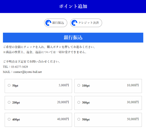 競艇ブルのポイント購入画面