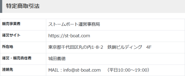 ストームボートの特定商取引法に基づく表記