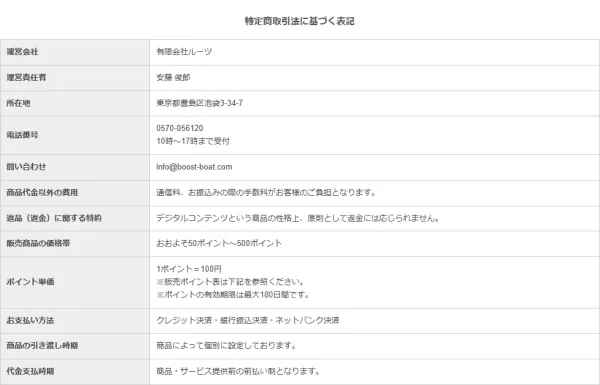 競艇ブーストの特定商取引法に基づく表記