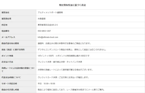 アルティメットボートの特定商取引法に基づく表記