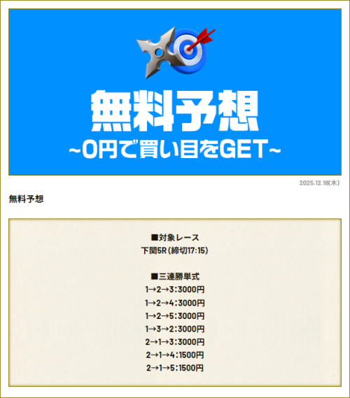 競艇忍者の12月18日の無料予想