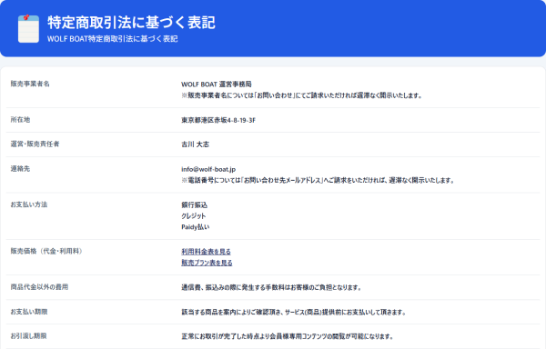 ウルフボートの特定商取引法に基づく表記
