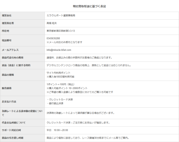 ミラクルボートの特定商取引法に基づく表記