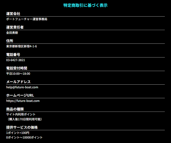 ボートフューチャーの特定商取引法に基づく表記
