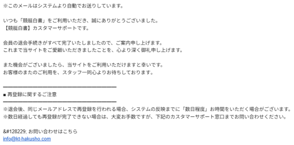 競艇白書の退会完了メール