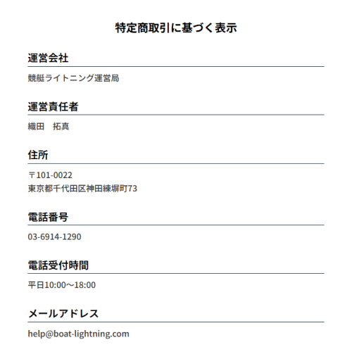競艇ライトニングの特定商取引法に基づく表記