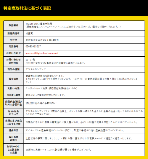 タイガーボートの特定商取引法に基づく表記
