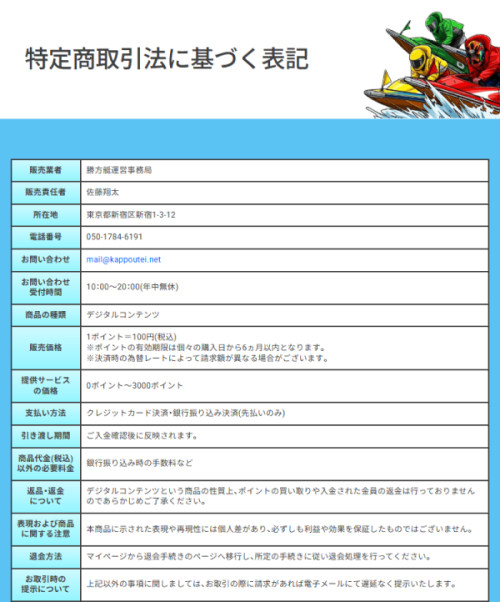 勝方艇の特定商取引法に基づく表記